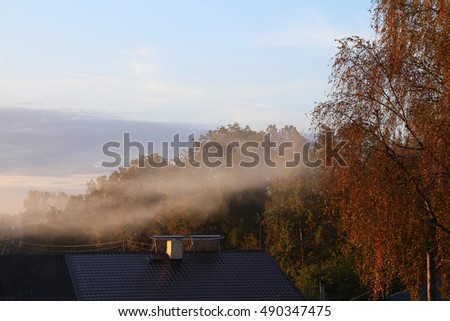 Foggy autumn morning. Fog over the town. Morning fog.