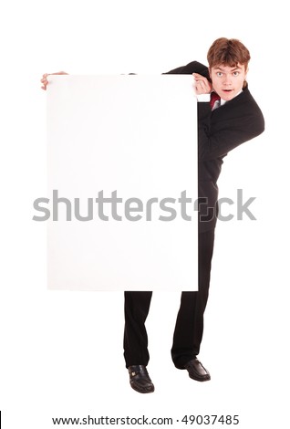  Businessman with white banner look. Isolated.