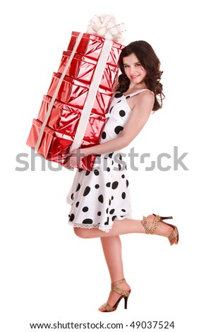 Beautiful girl with group of gift box. Isolated.