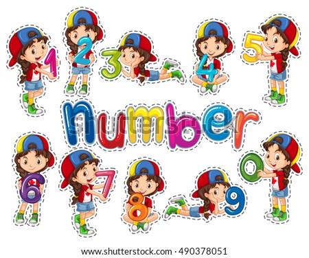 Sticker set with girl and numbers illustration