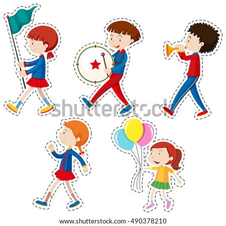 Sticker set with children walking illustration