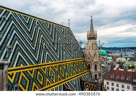 Aerial view over the rooftops of Vienna from the north tower of St. Stephen's Cathedral, Austria. Beautiful travel picture.
