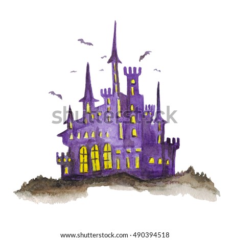 Halloween castle Watercolor hand drawn image