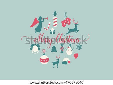 Merry Christmas decoration and card design. Happy New Year design elements. Vintage symbols of colourful deer, bell, snowflake, bow, tree, snowman. Holiday hand drawn vector icons set.