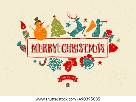 Merry Christmas decoration and card design. Happy New Year design elements. Vintage symbols of colourful deer, bell, snowflake, ribbon, bow, tree, snowman. Holiday hand drawn vector icons set.