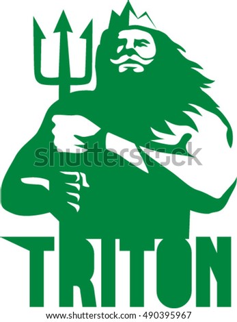 Illustration of triton mythological god holding trident viewed from front set on isolated white background with the word text Triton done in retro style. 