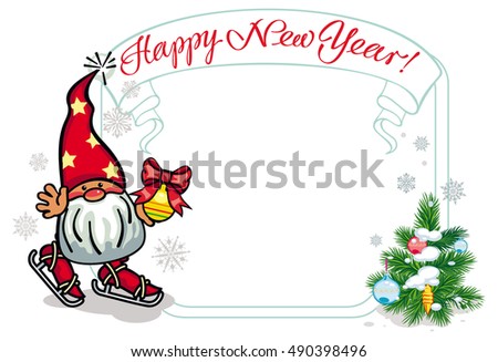 Vector frame in shape of Christmas garland with little gnome ice skating. Design element for New Year decorations, greetings cards and other design artworks.