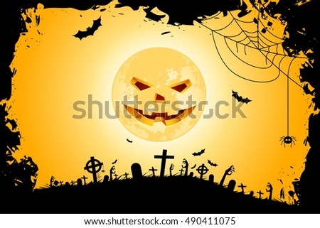 Happy Halloween Party Poster. Holiday Card with Moon, Cemetery and Zombie Hands.