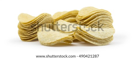 Potato chips stacks isolated on white background.
Clipping path included in jpeg.