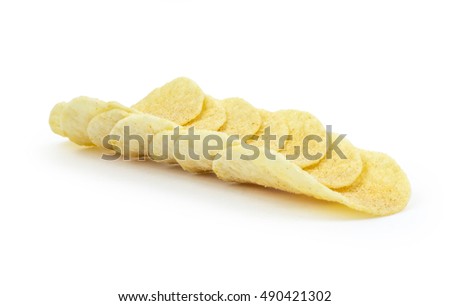Potato chips stack isolated on white background.
Clipping path included in jpeg.