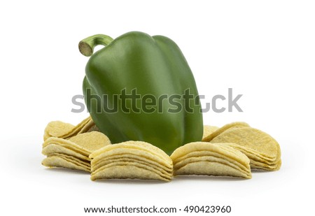 Potato chips stacks with green pepper isolated on white background.
Clipping path included in jpeg.