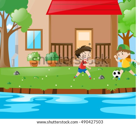 Scene with two boys playing soccer illustration