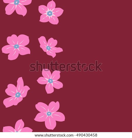 Seamless pattern of vertical stylized floral motif, forget-me-not flowers, hole, spots, doodles on red background. Hand drawn forget-me-not flowers. Place for your text. Seamless floral background.