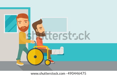A caucasian man pushing the wheelchair with broken leg patient. Contemporary style with pastel palette, soft blue tinted background.  flat design illustrations. Horizontal layout with text space in