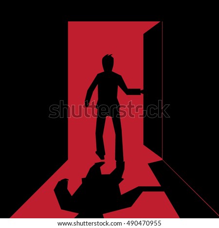 Man open the door and get in to the  red room -vector Royalty-Free Stock Photo #490470955