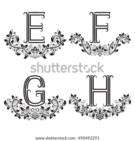 E, F, G, H vintage monograms in floral wreaths. Set of black letters in laurels.