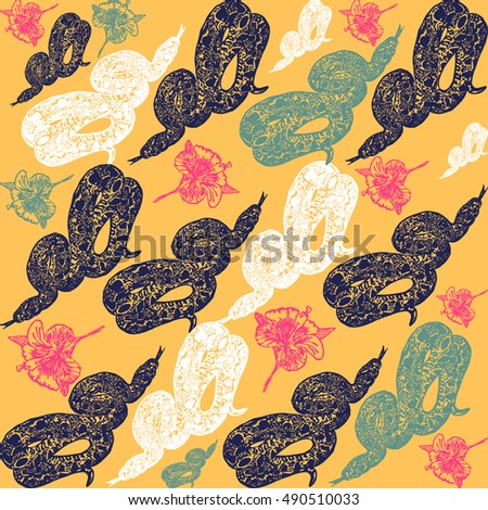 Linocut tropical Boa Constrictor snake background. Vector Illustrated tropical Boa Constrictor snake seamless pattern.