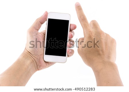 Hand slide and Touch on white Smartphone with blank screen on white background