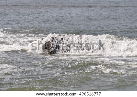 Waves with foam beat against the rocks in the ocean