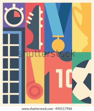 Soccer, vector flat illustration, poster: timer, boots, medal, cup, football goal, whistle, T-shirt, ball