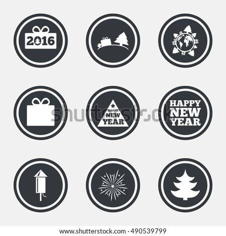 Christmas, new year icons. Gift box, fireworks signs. Santa bag, salut and rocket symbols. Circle flat buttons with icons and border. Vector