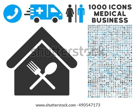 Food Court icon with 1000 medical commercial gray and blue vector pictograms. Clipart style is flat bicolor symbols, white background.