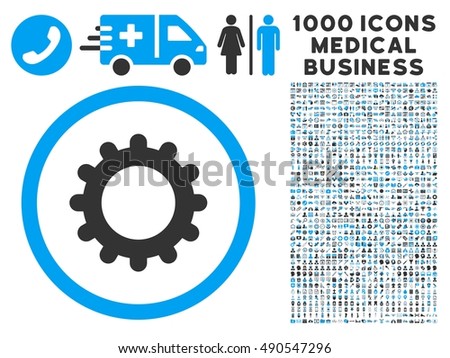 Gear icon with 1000 medical commercial gray and blue vector pictograms. Design style is flat bicolor symbols, white background.