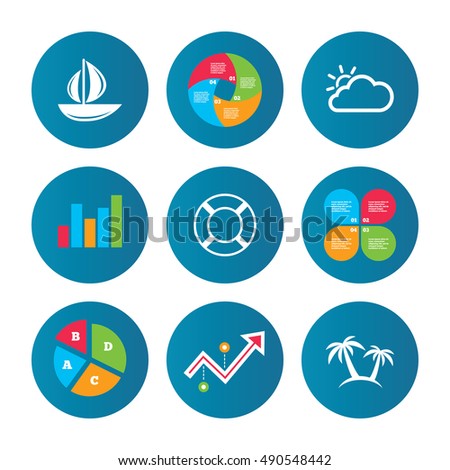 Business pie chart. Growth curve. Presentation buttons. Travel icons. Sail boat with lifebuoy symbols. Cloud with sun weather sign. Palm tree. Data analysis. Vector
