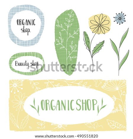 Set of hand drawn organic label and floral elements for design.