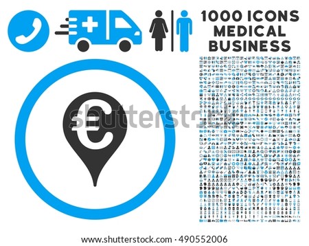 Euro Bank Map Pointer icon with 1000 medical business gray and blue vector pictographs. Set style is flat bicolor symbols, white background.