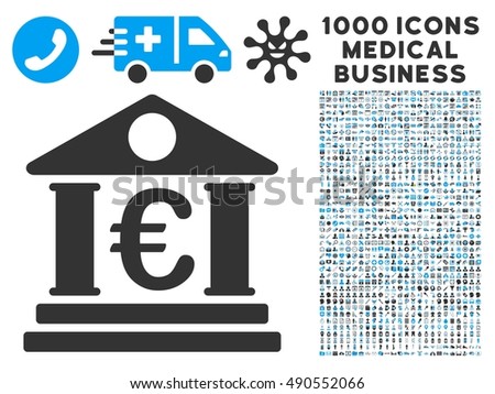 Euro Bank Building icon with 1000 medical business gray and blue vector design elements. Collection style is flat bicolor symbols, white background.