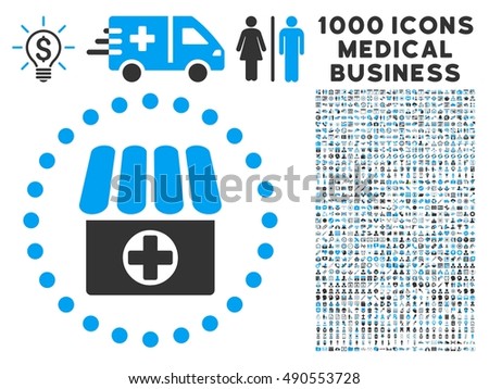 Drugstore icon with 1000 medical commerce gray and blue vector design elements. Collection style is flat bicolor symbols, white background.