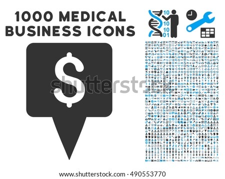 Dollar Map Pointer icon with 1000 medical business gray and blue vector design elements. Design style is flat bicolor symbols, white background.