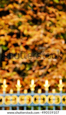 Blurred photo of Luxembourg garden fence and autumn trees. Paris, France.