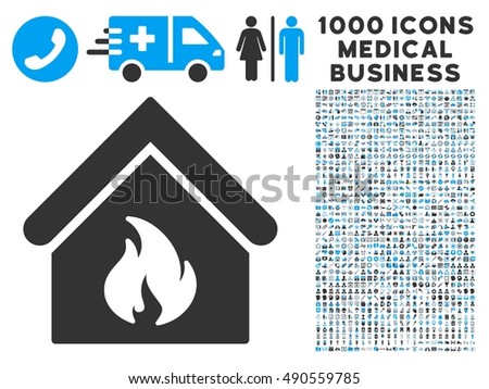 Building Fire icon with 1000 medical commerce gray and blue vector pictograms. Clipart style is flat bicolor symbols, white background.