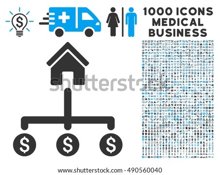 Building Payments icon with 1000 medical commerce gray and blue vector pictograms. Collection style is flat bicolor symbols, white background.