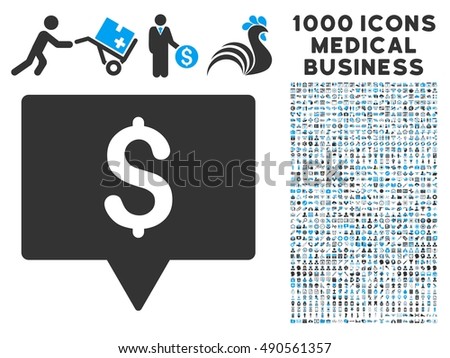 Bank Map Pointer icon with 1000 medical business gray and blue vector pictographs. Collection style is flat bicolor symbols, white background.