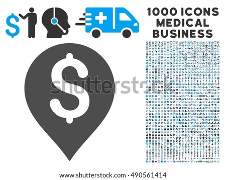 Bank Map Marker icon with 1000 medical commercial gray and blue vector pictograms. Design style is flat bicolor symbols, white background.