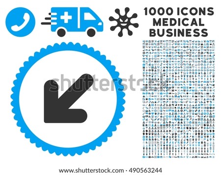 Arrow Down Left icon with 1000 medical commerce gray and blue vector design elements. Set style is flat bicolor symbols, white background.