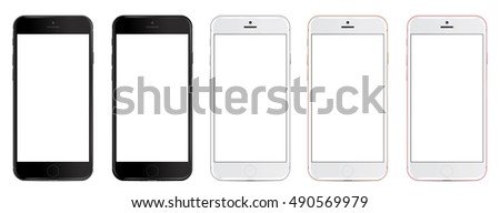 Set of vector smartphones with blank screen in five colors: black, glossy black, silver, gold and rose. Eps 10 format. mockup - Simple way to put a picture or screenshot below glossy screen layer.