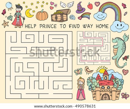 Vector hand drawn doodle illustration of maze with fairy tales characters. Educational game for children