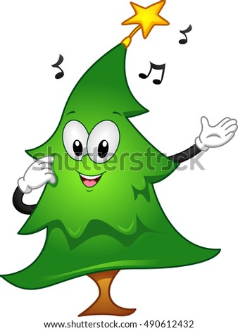 Mascot Illustration of a Christmas Tree with a Star on Top Singing a Christmas Carol