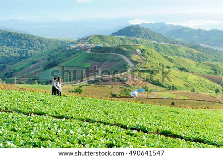 Young couple selfie in cabbage field moutain background
