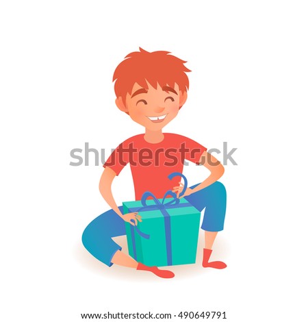 Boy with gift isolated on white. Christmas or New Year. Vector illustration. Cute cartoon stylized child