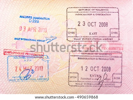 Maldives visa stamp in the passport

