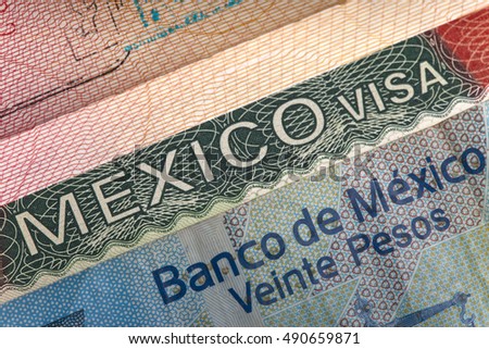 visa of Mexico in the international passport and Mexican pesos, closeup

