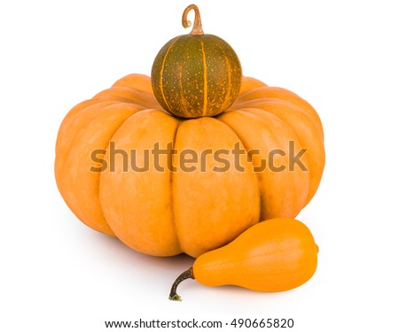 Three orange pumpkins. On white, isolated background.