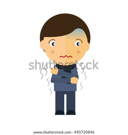 Cold illustration.  Cartoon man in cold weather. Vector illustration in the flat style.  The man froze and shivers. 
