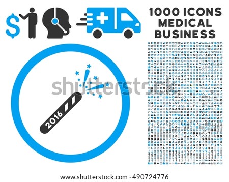 2016 Firecracker icon with 1000 medical business gray and blue glyph pictograms. Design style is flat bicolor symbols, white background.