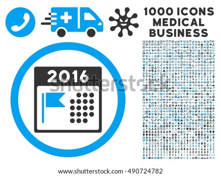 2016 Holiday Calendar icon with 1000 medical commerce gray and blue glyph pictographs. Design style is flat bicolor symbols, white background.